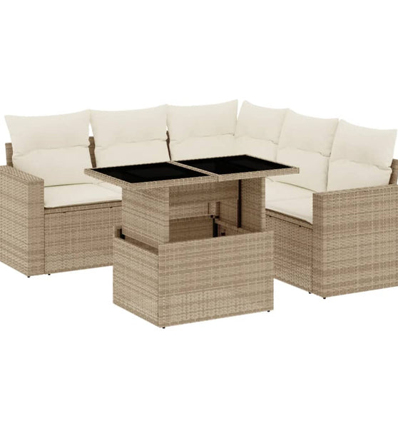 6-tlg. Garten-Sofagarnitur mit Kissen Beige Poly Rattan