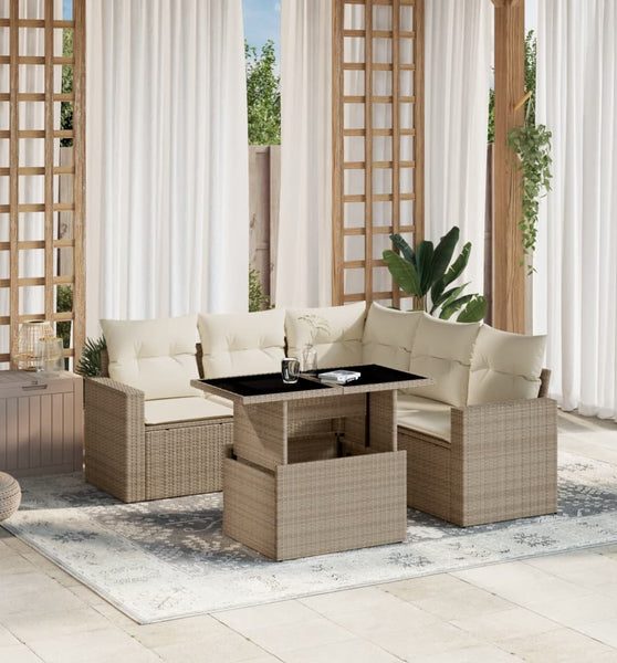 6-tlg. Garten-Sofagarnitur mit Kissen Beige Poly Rattan