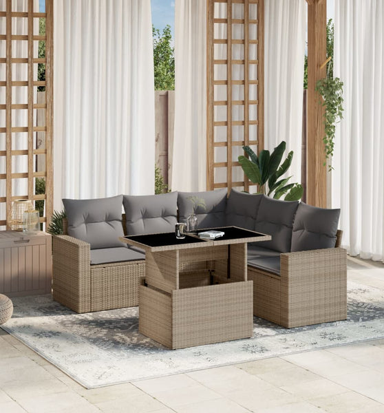 6-tlg. Garten-Sofagarnitur mit Kissen Beige Poly Rattan