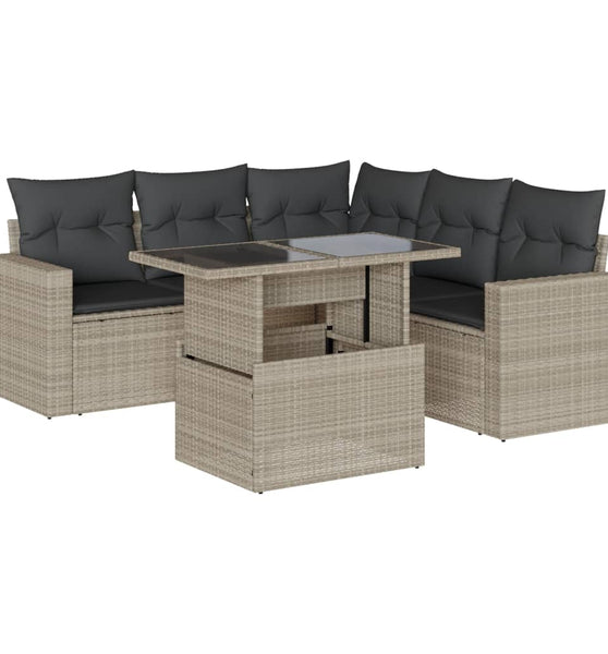 6-tlg. Garten-Sofagarnitur mit Kissen Hellgrau Poly Rattan