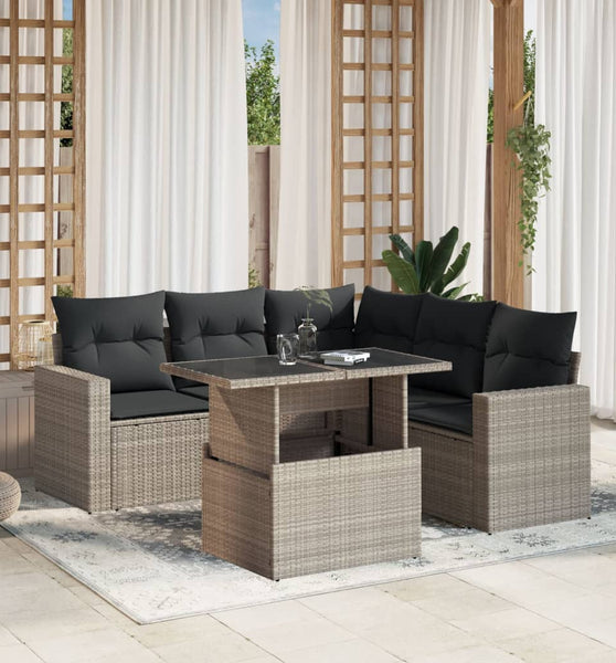 6-tlg. Garten-Sofagarnitur mit Kissen Hellgrau Poly Rattan