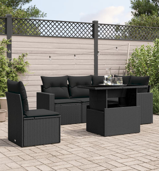 6-tlg. Garten-Sofagarnitur mit Kissen Schwarz Poly Rattan