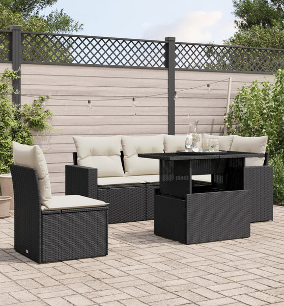6-tlg. Garten-Sofagarnitur mit Kissen Schwarz Poly Rattan