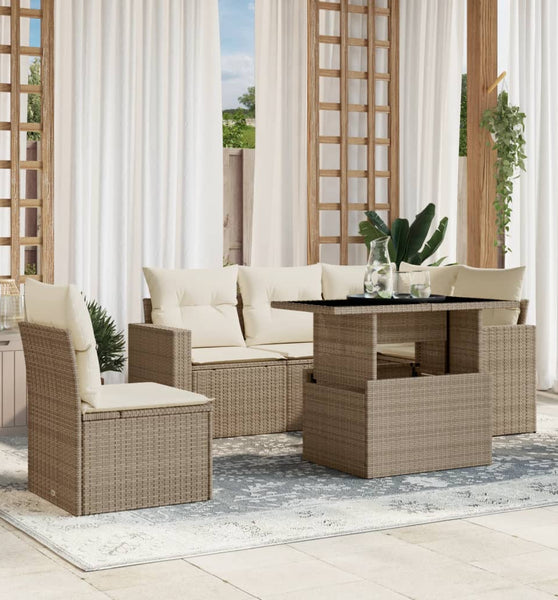 6-tlg. Garten-Sofagarnitur mit Kissen Beige Poly Rattan