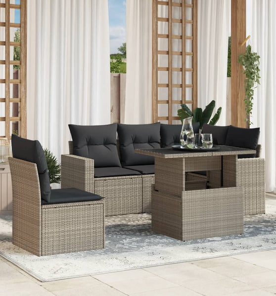 6-tlg. Garten-Sofagarnitur mit Kissen Hellgrau Poly Rattan