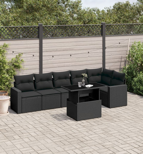 7-tlg. Garten-Sofagarnitur mit Kissen Schwarz Poly Rattan
