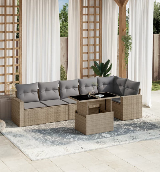 7-tlg. Garten-Sofagarnitur mit Kissen Beige Poly Rattan