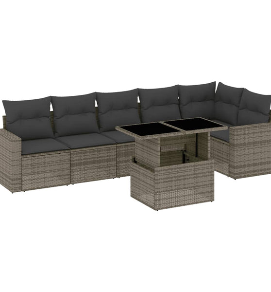 7-tlg. Garten-Sofagarnitur mit Kissen Grau Poly Rattan