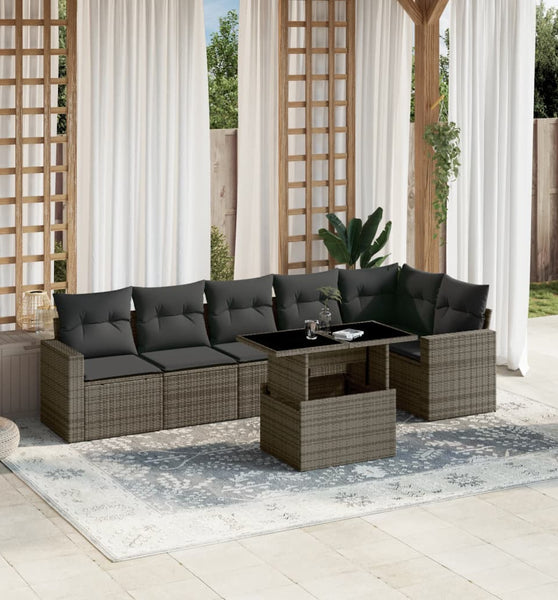 7-tlg. Garten-Sofagarnitur mit Kissen Grau Poly Rattan