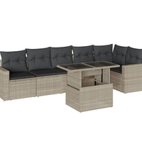 7-tlg. Garten-Sofagarnitur mit Kissen Hellgrau Poly Rattan