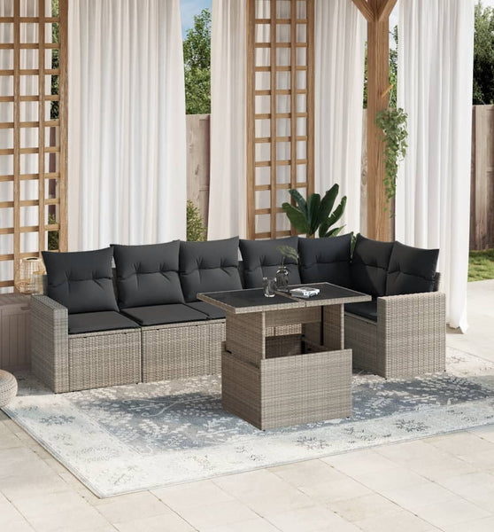 7-tlg. Garten-Sofagarnitur mit Kissen Hellgrau Poly Rattan