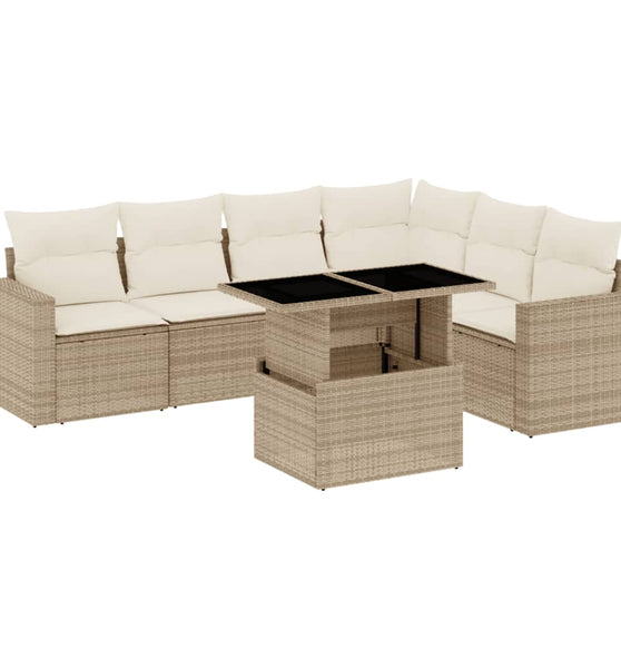 7-tlg. Garten-Sofagarnitur mit Kissen Beige Poly Rattan