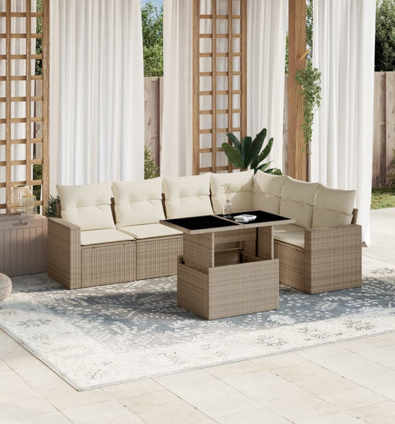 7-tlg. Garten-Sofagarnitur mit Kissen Beige Poly Rattan