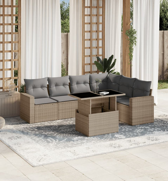 7-tlg. Garten-Sofagarnitur mit Kissen Beige Poly Rattan
