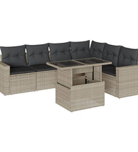 7-tlg. Garten-Sofagarnitur mit Kissen Hellgrau Poly Rattan