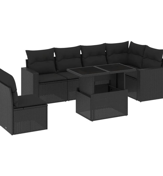 7-tlg. Garten-Sofagarnitur mit Kissen Schwarz Poly Rattan