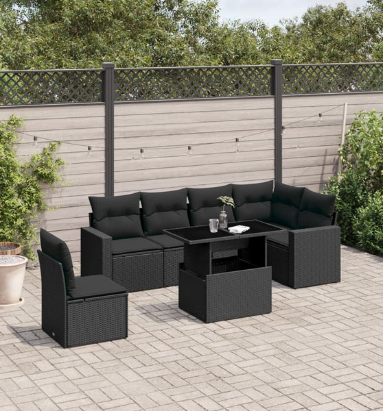 7-tlg. Garten-Sofagarnitur mit Kissen Schwarz Poly Rattan