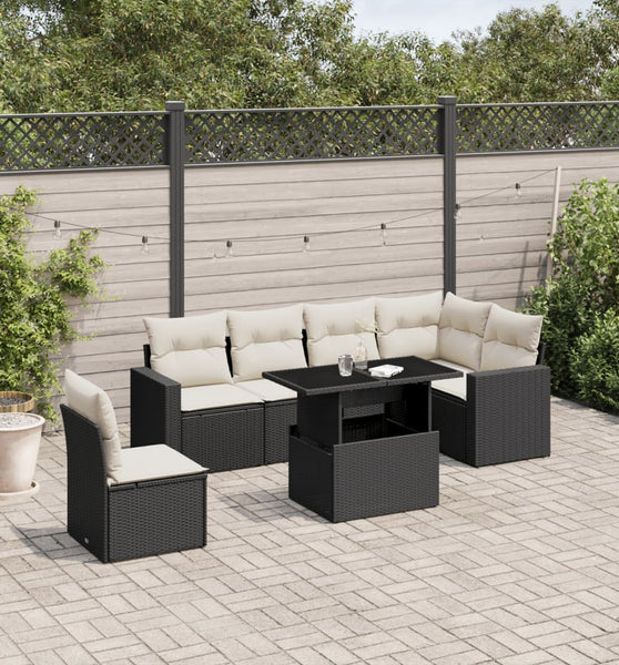 7-tlg. Garten-Sofagarnitur mit Kissen Schwarz Poly Rattan