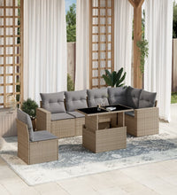 7-tlg. Garten-Sofagarnitur mit Kissen Beige Poly Rattan