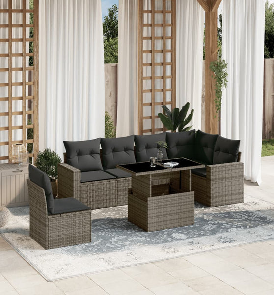 7-tlg. Garten-Sofagarnitur mit Kissen Grau Poly Rattan