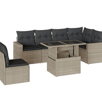 7-tlg. Garten-Sofagarnitur mit Kissen Hellgrau Poly Rattan