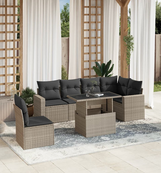 7-tlg. Garten-Sofagarnitur mit Kissen Hellgrau Poly Rattan