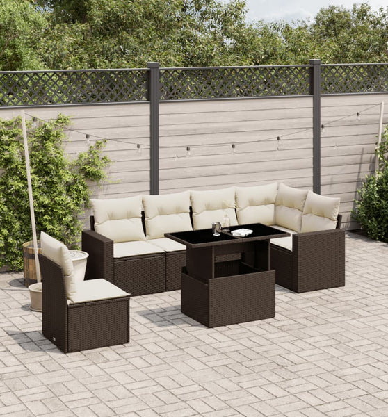 7-tlg. Garten-Sofagarnitur mit Kissen Braun Poly Rattan