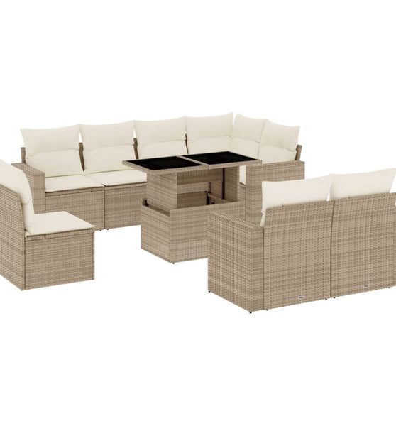 9-tlg. Garten-Sofagarnitur mit Kissen Beige Poly Rattan