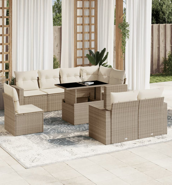 9-tlg. Garten-Sofagarnitur mit Kissen Beige Poly Rattan
