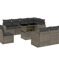 9-tlg. Garten-Sofagarnitur mit Kissen Grau Poly Rattan
