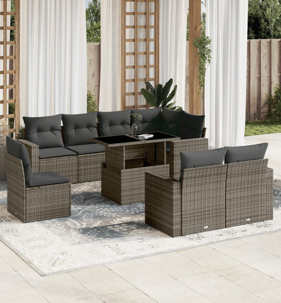 9-tlg. Garten-Sofagarnitur mit Kissen Grau Poly Rattan