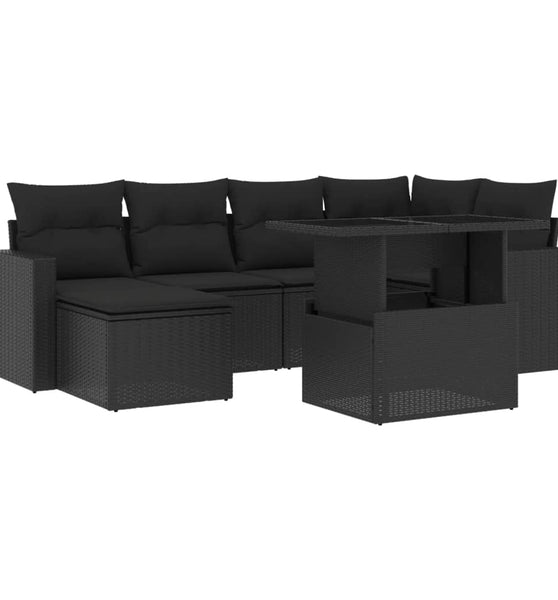 7-tlg. Garten-Sofagarnitur mit Kissen Schwarz Poly Rattan