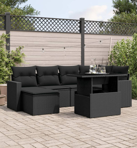 7-tlg. Garten-Sofagarnitur mit Kissen Schwarz Poly Rattan