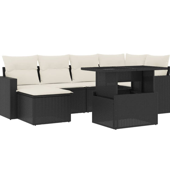 7-tlg. Garten-Sofagarnitur mit Kissen Schwarz Poly Rattan