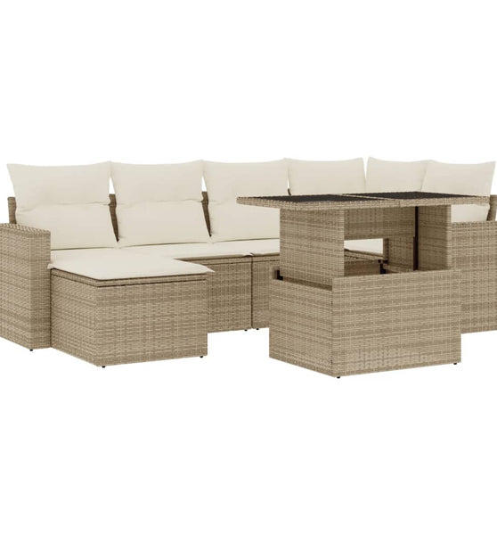 7-tlg. Garten-Sofagarnitur mit Kissen Beige Poly Rattan
