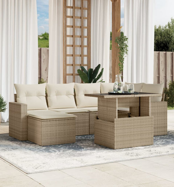 7-tlg. Garten-Sofagarnitur mit Kissen Beige Poly Rattan