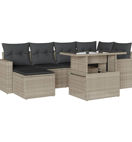 7-tlg. Garten-Sofagarnitur mit Kissen Hellgrau Poly Rattan