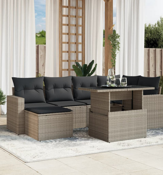 7-tlg. Garten-Sofagarnitur mit Kissen Hellgrau Poly Rattan