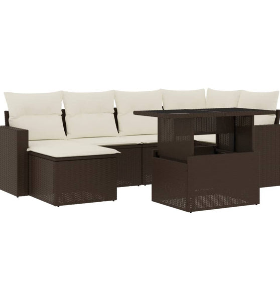 7-tlg. Garten-Sofagarnitur mit Kissen Braun Poly Rattan