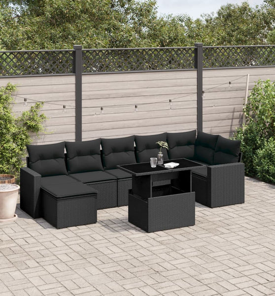8-tlg. Garten-Sofagarnitur mit Kissen Schwarz Poly Rattan