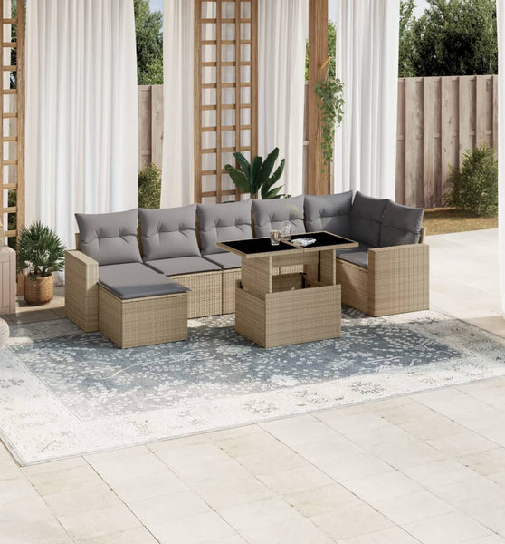 8-tlg. Garten-Sofagarnitur mit Kissen Beige Poly Rattan