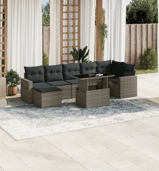 8-tlg. Garten-Sofagarnitur mit Kissen Grau Poly Rattan