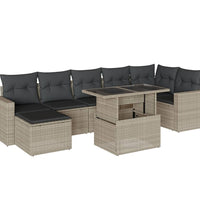 8-tlg. Garten-Sofagarnitur mit Kissen Hellgrau Poly Rattan