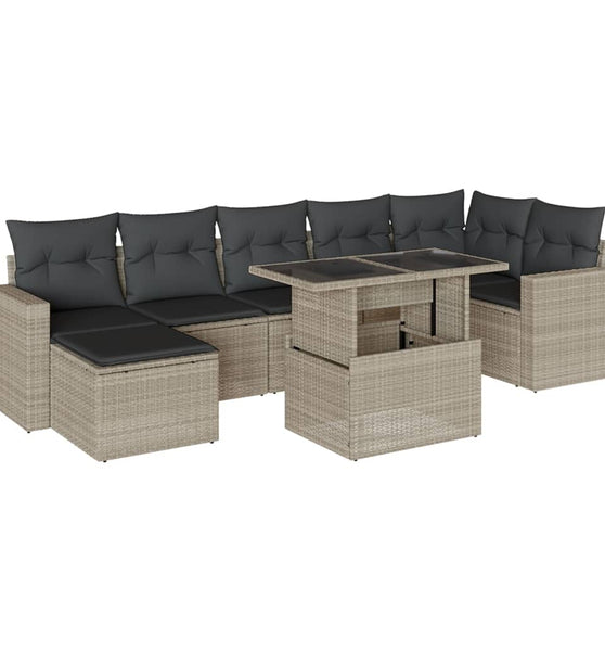 8-tlg. Garten-Sofagarnitur mit Kissen Hellgrau Poly Rattan