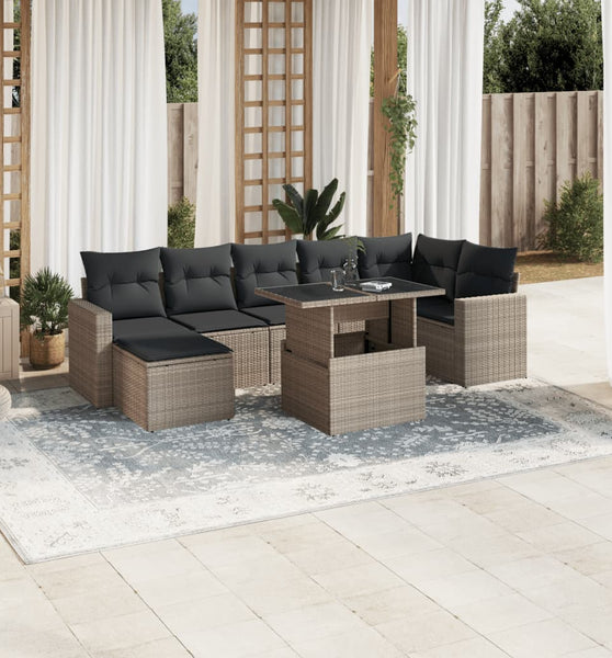 8-tlg. Garten-Sofagarnitur mit Kissen Hellgrau Poly Rattan