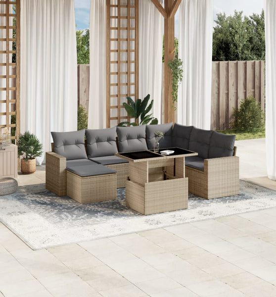 8-tlg. Garten-Sofagarnitur mit Kissen Beige Poly Rattan