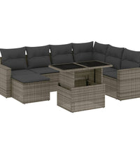 8-tlg. Garten-Sofagarnitur mit Kissen Grau Poly Rattan