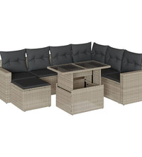 8-tlg. Garten-Sofagarnitur mit Kissen Hellgrau Poly Rattan