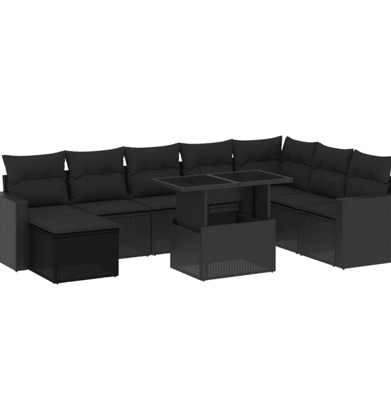 9-tlg. Garten-Sofagarnitur mit Kissen Schwarz Poly Rattan