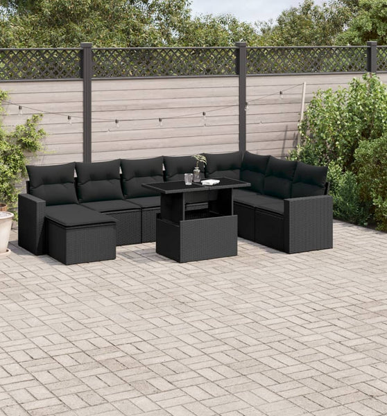 9-tlg. Garten-Sofagarnitur mit Kissen Schwarz Poly Rattan